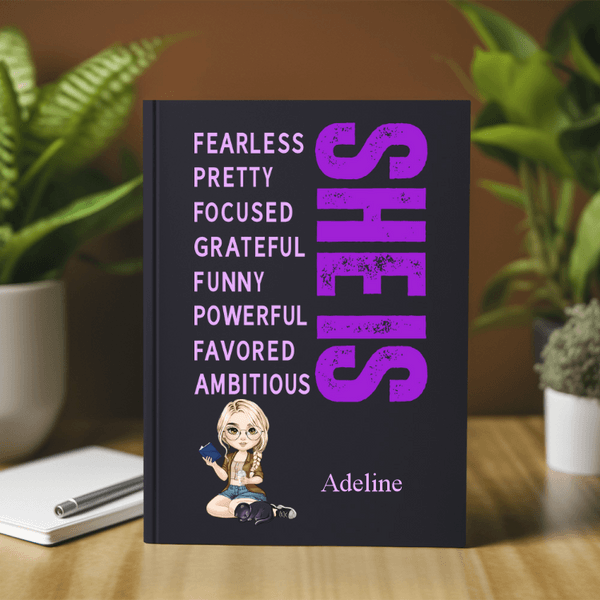 Personalized She Is Me Cartoon Reading Girl A5 120 Pages Lined Hardcover Notebook with Affirmation and Name Birthday Inspirational Gift for Women