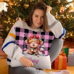 Personalised Christmas Lights Cute Highland Cow Design Plaid Throw Pillow Cover with Name Home Decor Christmas Gift for Kids Family