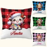 Personalised Christmas Lights Cute Highland Cow Design Plaid Throw Pillow Cover with Name Home Decor Christmas Gift for Kids Family