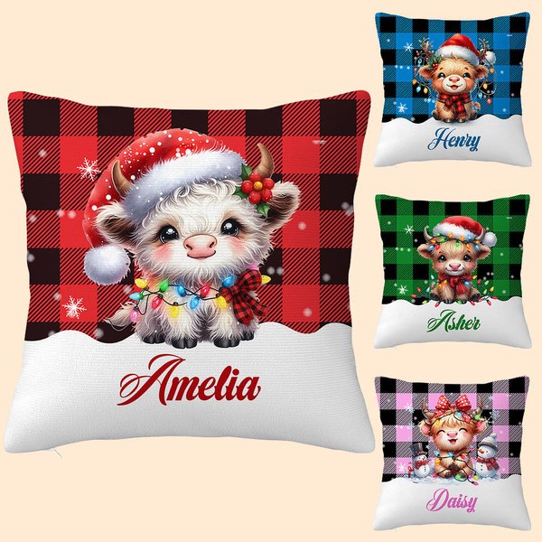 Personalizado Luces de Navidad Lindo Highland Vaca Diseño Plaid Throw Funda de almohada con nombre Decoración del hogar Regalo de Navidad para Niños F