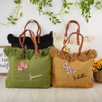 Personalised Birth Flower Tassel Canvas Name Tote Bag with Leather Handle Birthday Appreciation Gift for Women Girls