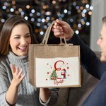 Personalised Cute Santa Hat Snowman Snowflake Initial Large Jute Tote Bag with Name and Canvas Pocket Festival Christmas Gift for Family Kids