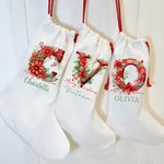 Gepersonaliseerde bloemen initiaal herbruikbare kerst kous Gift Bag met naam en koord Merry Christmas Gift voor familie