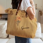 Personalised Birth Flower Tassel Canvas Name Tote Bag with Leather Handle Birthday Appreciation Gift for Women Girls