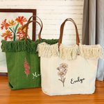 Personalised Birth Flower Tassel Canvas Name Tote Bag with Leather Handle Birthday Appreciation Gift for Women Girls