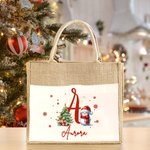 Personalised Cute Santa Hat Snowman Snowflake Initial Large Jute Tote Bag with Name and Canvas Pocket Festival Christmas Gift for Family Kids