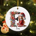 Personalised Cute Christmas Elf Floral Initial Ceramic Christmas Ornament with Name Christmas Tree Decor Gift for Family Friends