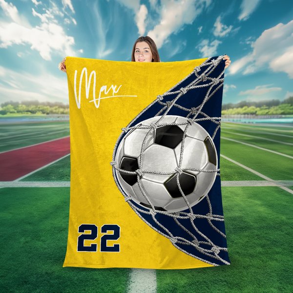 Manta personalizada multicolor con número y nombre para portería de fútbol Decoración del hogar Regalo de cumpleaños para los amantes del fútbol