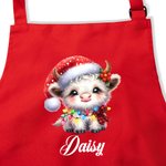 Personalised Cute Christmas Lights Highland Cow Adjustable Kid Apron Chef Hat Set with Pocket for Cooking Christmas Gift for Boys Girls