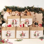 Personalised Cute Santa Hat Snowman Snowflake Initial Large Jute Tote Bag with Name and Canvas Pocket Festival Christmas Gift for Family Kids