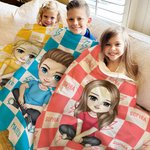 Personalized Cute Cartoon Character Checkered Lightning Design Soft Throw Blanket with Multiple Names Home Decor Birthday Gift Boys Girls