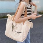 Personalised Birth Flower Tassel Canvas Name Tote Bag with Leather Handle Birthday Appreciation Gift for Women Girls