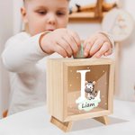 Personalised Cute Forest Animal Wooden Clear Money Box Piggy Bank with Name and Initial Birthday Children's Day Desk Decor Gift for Boys Girls