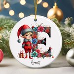Personalised Cute Christmas Elf Floral Initial Ceramic Christmas Ornament with Name Christmas Tree Decor Gift for Family Friends
