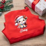 Personalised Cute Christmas Lights Highland Cow Adjustable Kid Apron Chef Hat Set with Pocket for Cooking Christmas Gift for Boys Girls