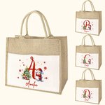 Personalised Cute Santa Hat Snowman Snowflake Initial Large Jute Tote Bag with Name and Canvas Pocket Festival Christmas Gift for Family Kids