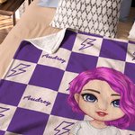 Personalized Cute Cartoon Character Checkered Lightning Design Soft Throw Blanket with Multiple Names Home Decor Birthday Gift Boys Girls