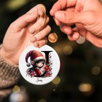 Personalised Cute Christmas Elf Floral Initial Ceramic Christmas Ornament with Name Christmas Tree Decor Gift for Family Friends