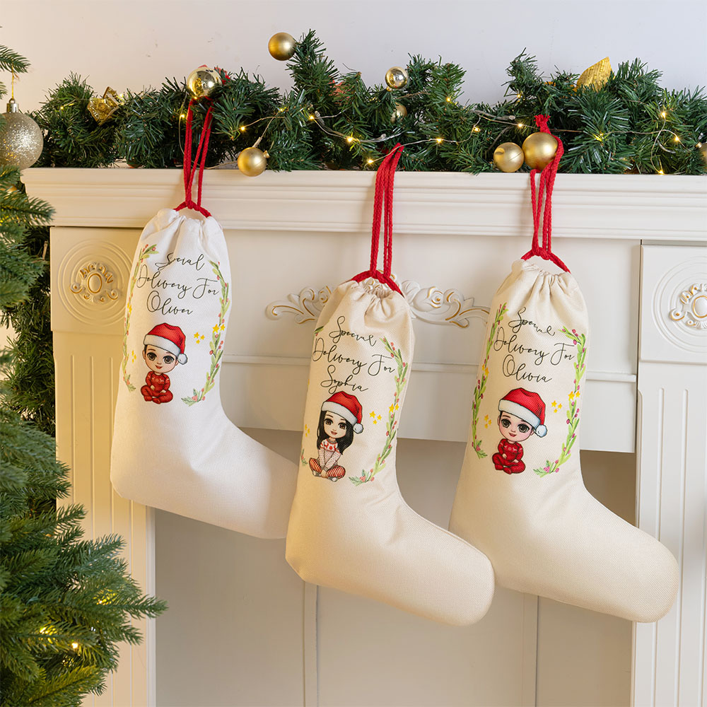 Couronne de houx personnalisée avec personnage de dessin animé Livraison spéciale Bas de Noël Sac cadeau avec nom Anniversaire Cadeau de Noël pour la famille Enfants