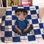 Personalized Cute Cartoon Character Checkered Lightning Design Soft Throw Blanket with Multiple Names Home Decor Birthday Gift Boys Girls