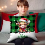 Personalised Christmas Lights Cute Highland Cow Design Plaid Throw Pillow Cover with Name Home Decor Christmas Gift for Kids Family