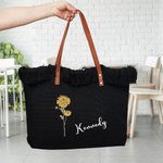 Personalised Birth Flower Tassel Canvas Name Tote Bag with Leather Handle Birthday Appreciation Gift for Women Girls