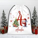 Gepersonaliseerde schattige kerstmuts Snowman Snowflake Drawstring Treat Gift Bag met initiaal en naam Kerstmis Holiday Party Favors Gift voor familie kinderen