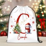 Gepersonaliseerde schattige kerstmuts Snowman Snowflake Drawstring Treat Gift Bag met initiaal en naam Kerstmis Holiday Party Favors Gift voor familie kinderen