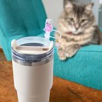 Personalised Shiny Rainbow Cat Reusable Silicone Straw Topper with Initial Charm Accessory for Stanley Tumbler Birthday Party Gift for Her