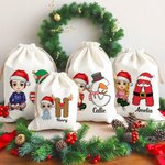 Gepersonaliseerde Cartoon Karakter Sneeuwman Rendier initiële Drawstring Gift Bag met naam Kerstcadeau voor Kid Adult