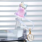 Personalised Shiny Rainbow Cat Reusable Silicone Straw Topper with Initial Charm Accessory for Stanley Tumbler Birthday Party Gift for Her
