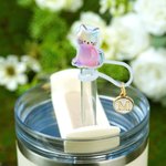 Personalised Shiny Rainbow Cat Reusable Silicone Straw Topper with Initial Charm Accessory for Stanley Tumbler Birthday Party Gift for Her