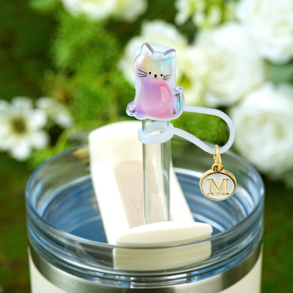 Personalised Shiny Rainbow Cat Reusable Silicone Straw Topper with Initial Charm Accessory for Stanley Tumbler Birthday Party Gift for Her