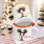 Personalized Cute Whimsical Quirky Girl 12oz Colorful Rim Enamel Mug with Name Birthday Back to School Holiday Gift for Kids