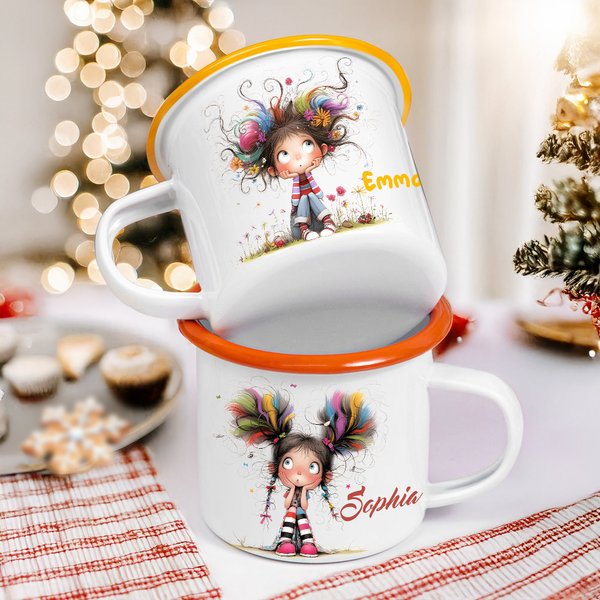 Personalised Cute Whimsical Quirky Girl 12oz Colourful Rim Enamel Mug with Name Birthday Back to School Holiday Gift for Kids