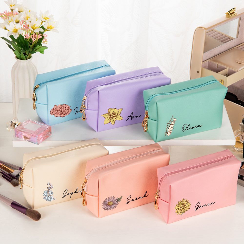 Sac de Maquillage en Cuir Personnalisé avec Fleur de Naissance et Nom Cadeau Anniversaire pour Femme
