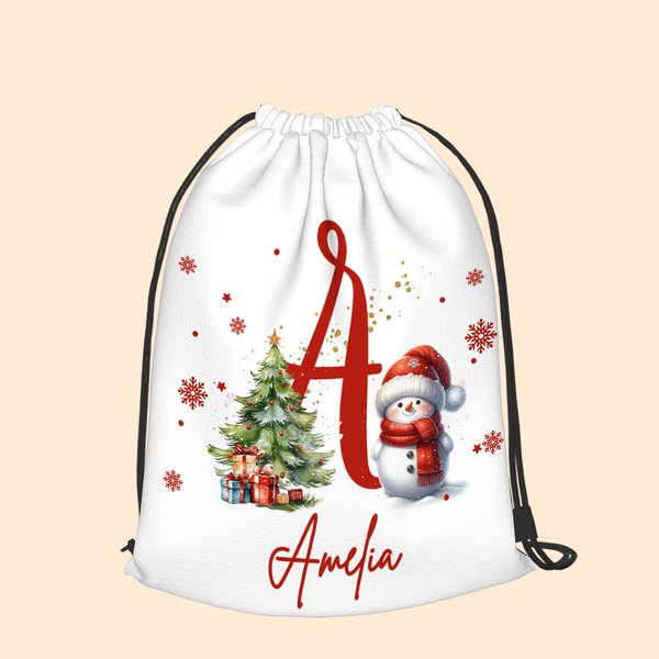 Gepersonaliseerde schattige kerstmuts Snowman Snowflake Drawstring Treat Gift Bag met initiaal en naam Kerstmis Holiday Party Favors Gift voor familie kinderen