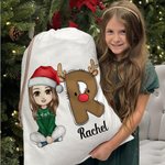 Gepersonaliseerde Cartoon Karakter Sneeuwman Rendier initiële Drawstring Gift Bag met naam Kerstcadeau voor Kid Adult