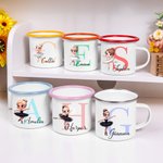 Gepersonaliseerde Cartoon Ballerina Dance Girl 12oz gekleurde rand emaille beker met initiaal en naam verjaardagscadeau voor meisjes balletliefhebbers