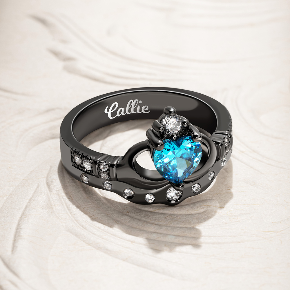 Bague Personnalisée avec Pierre de Naissance et Nom Gravé Cadeau Saint-Valentin Anniversaire pour Femme