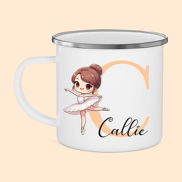 Personalised Cartoon Ballerina Dance Girl 12oz Coloured Rim Enamel Cup with Initial and Name Birthday Gift for Girls Ballet Lovers