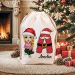 Gepersonaliseerde Cartoon Karakter Sneeuwman Rendier initiële Drawstring Gift Bag met naam Kerstcadeau voor Kid Adult