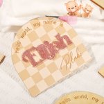 Personalised Checkered Wood Baby Birth Announcement Sign with Name Newborn Photography Prop Nursery Wall Decor Gift for New Parents