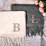 Personalized Embroidered Flower Wreath Initial Faux Cashmere Scarf Tassel Shawl with Name Soft Warm Winter Accessory Birthday Holiday Gift for Women