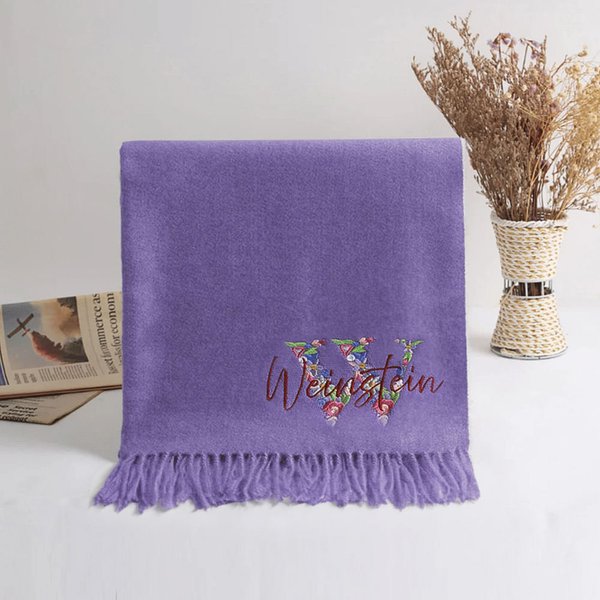 Personalized Embroidered Flower Wreath Initial Faux Cashmere Scarf Tassel Shawl with Name Soft Warm Winter Accessory Birthday Holiday Gift for Women