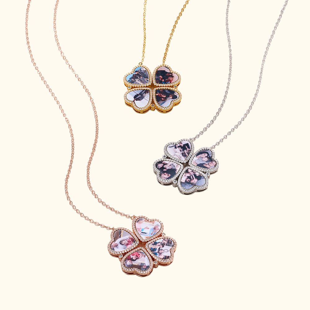 Collier Personnalisé avec 4 Photos Pendentif en Forme de Cœur et Trèfle à Quatre Feuilles Bijoux en Zircon Cadeau Anniversaire pour Femme Famille