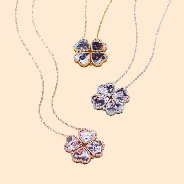 Personalizado Dainty 2 en 1 Cuatro Hojas Trébol Ajustable Zircon Corazón Foto Colgante Collar Lucky Joyería Cumpleaños Aniversario Regalo para Mujeres