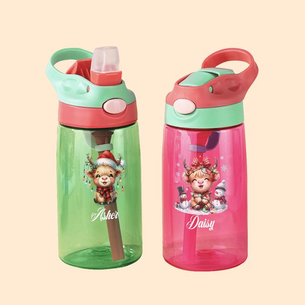 Personalised Cute Christmas Highland Cow 16oz Kid Water Bottle with Name and Straw Christmas Birthday Gift for Boys Girls