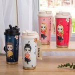 Personalized  Birth Flower Name Cartoon 17oz Insulated Travel Coffee Cup with Leakproof Lid and Silicone Straw Birthday Gift for Women Kids