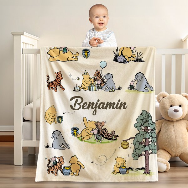 Personalized Classic Winnie the Pooh Illustration Soft Throw Blanket with Name Nusery Decor Birthday Baby Shower Gift for Newborns Boys Girls